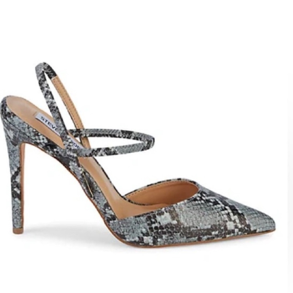 Steve Madden blue snake skin, 4 inch sling back, size 9.